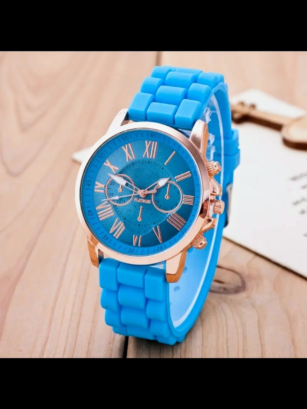 NWOT Blue Silicone Strap Fashion Watch with Rose Gold Accents